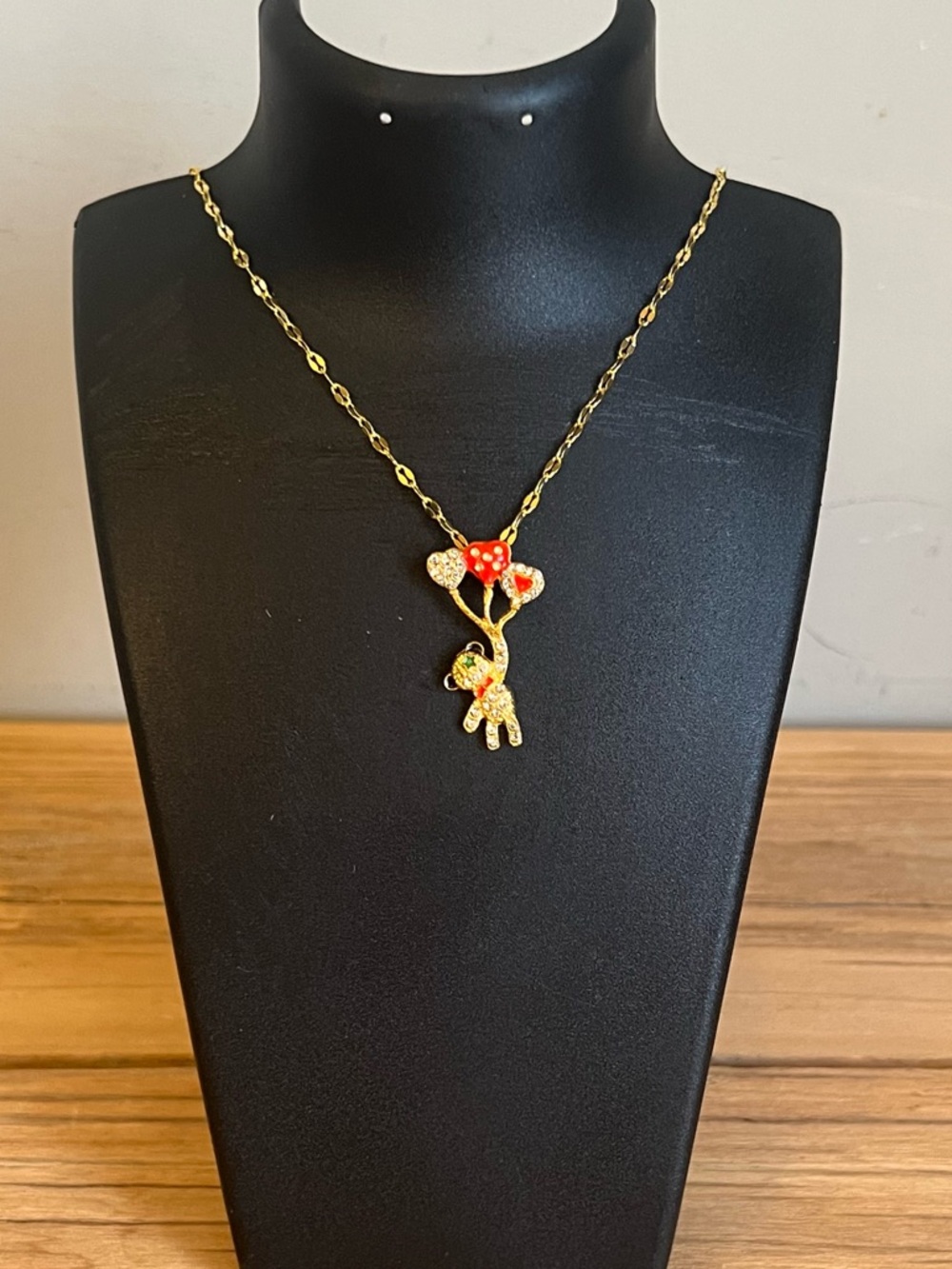 Gold Tone Crystal Bear Heart Charm Pendant Necklace